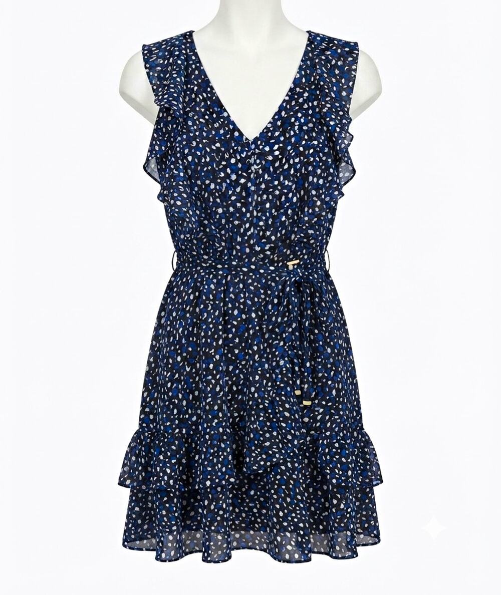 Tommy Hilfiger Blue & White Ruffle V-Neck Mini Dress Zip Size S
